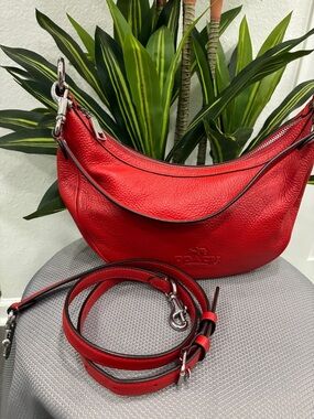 Coach Pebbled Leather Red Hobo Bag with Detachable Strap